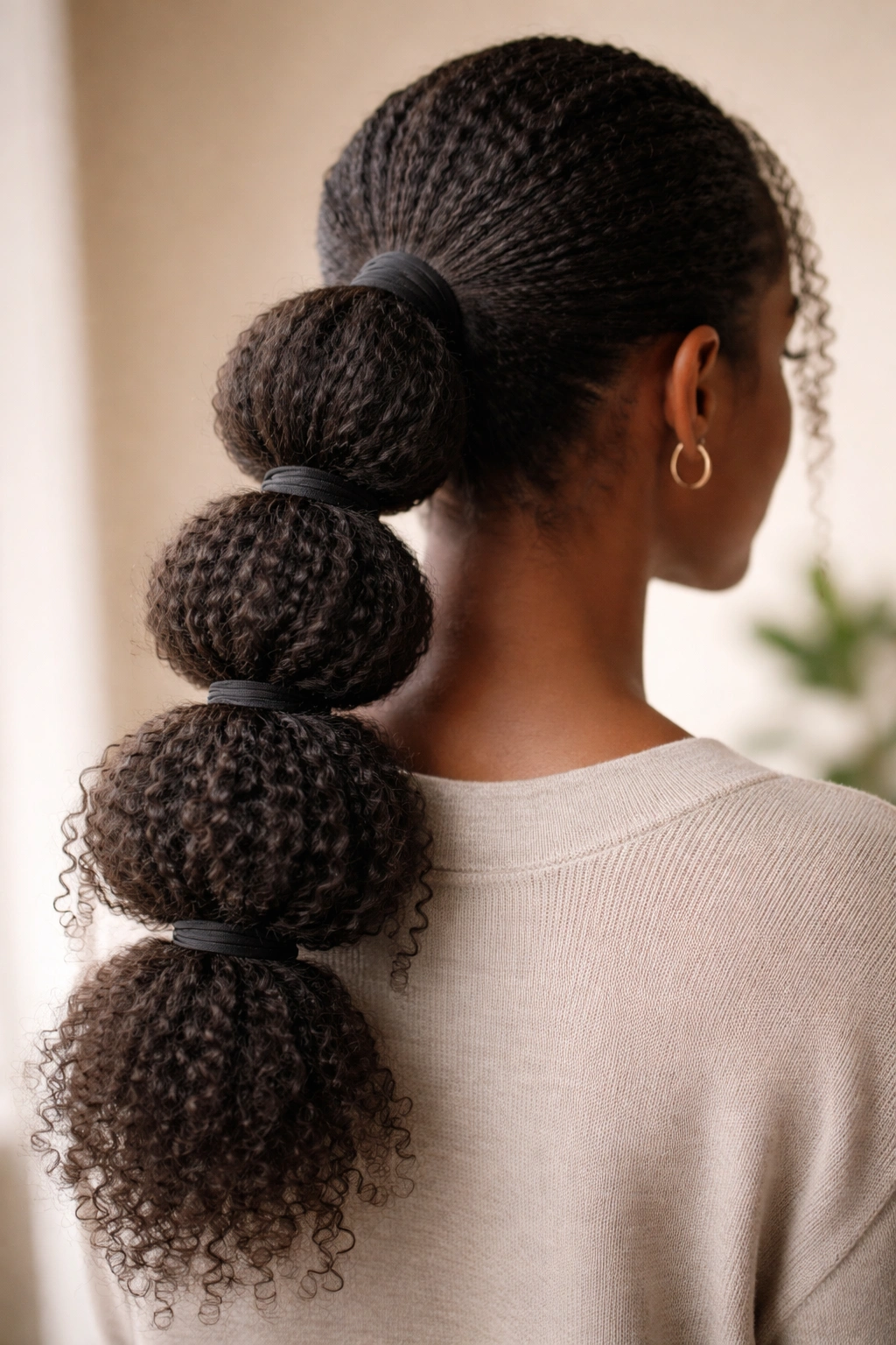 Back view of stacked layered ponytail showing multiple elastic sections