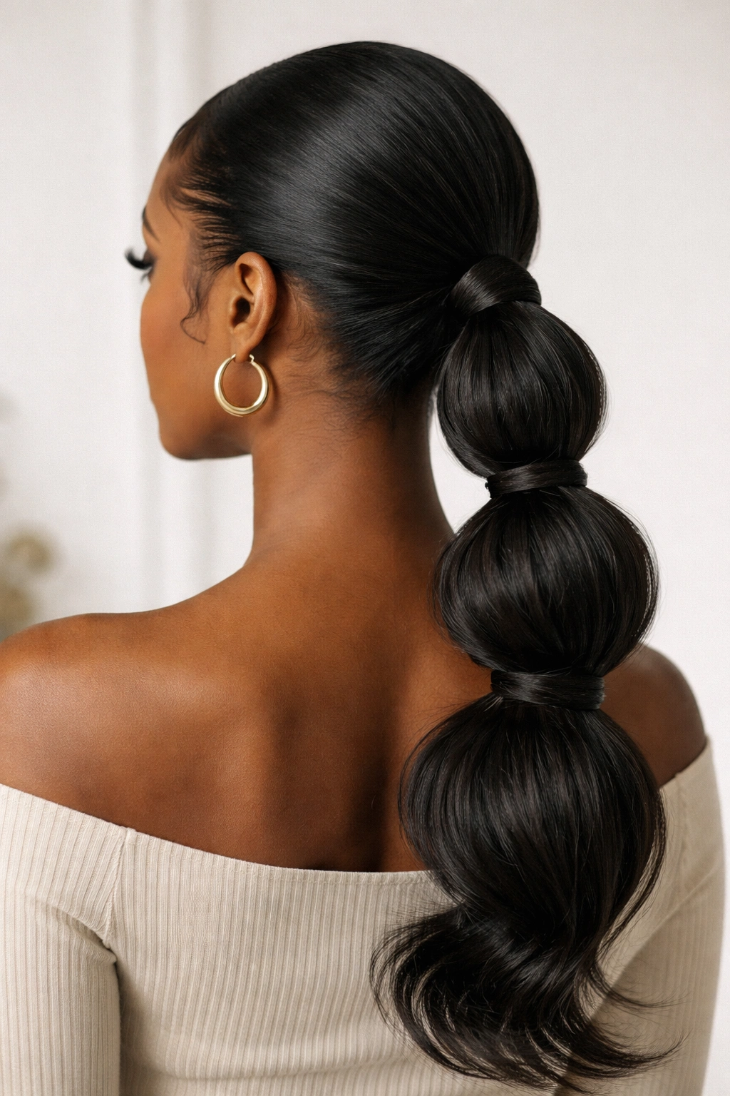 Stacked low ponytail with multiple sections.