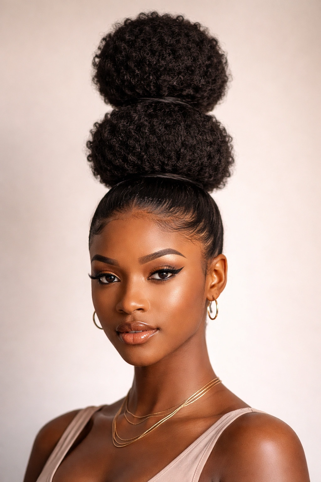 Vertical stack of three space buns at the crown on Afro hair.