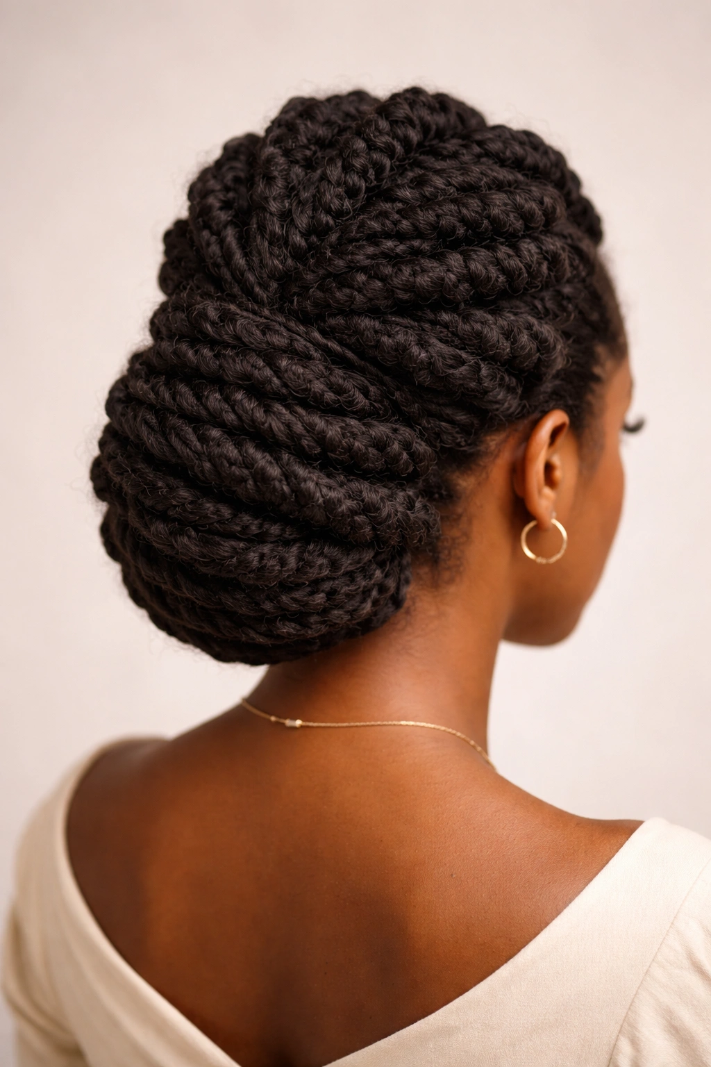 Back view of stacked twisted coils updo with clearly separated coils.