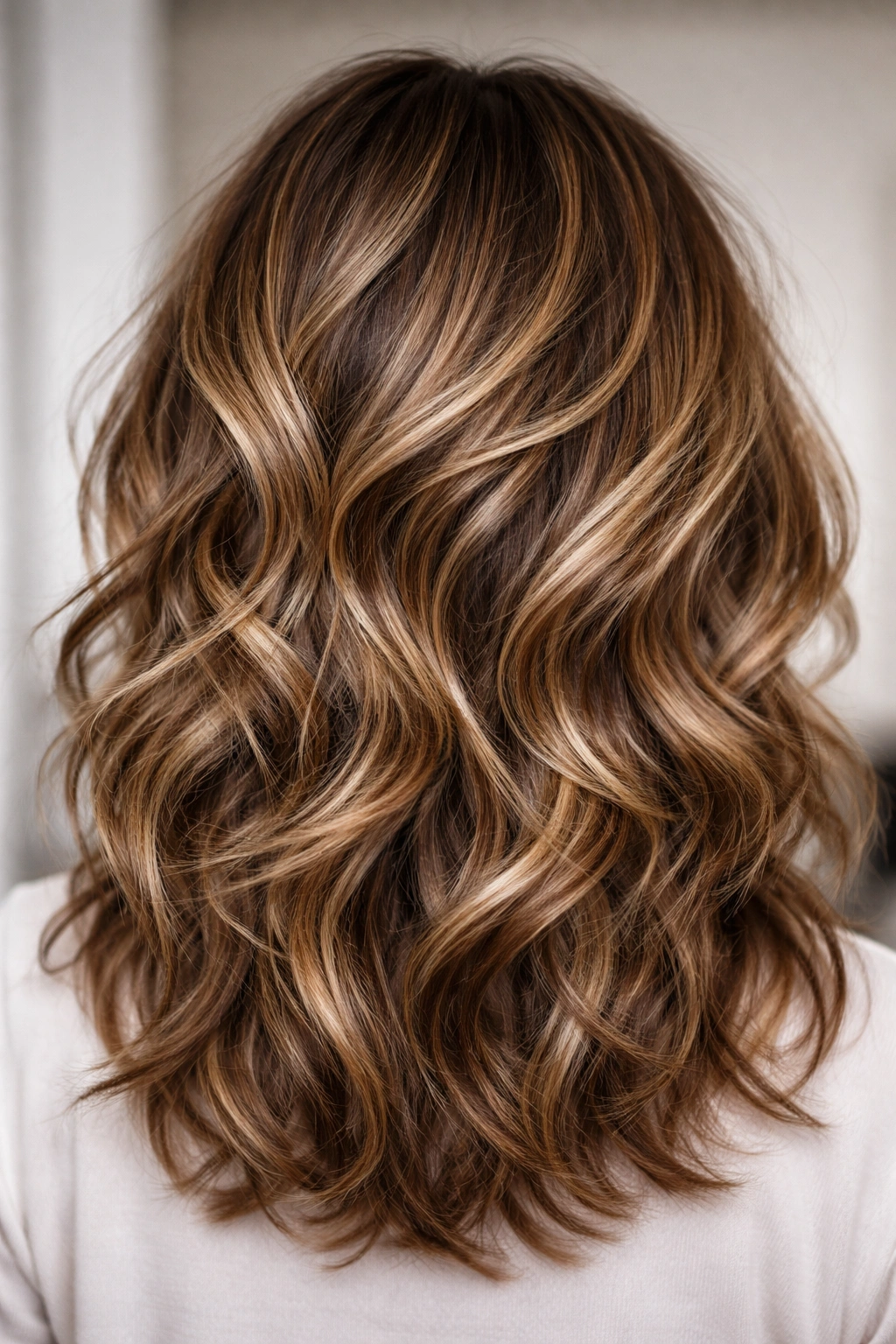 Stacked waves hairstyle with crown layering and back-length
