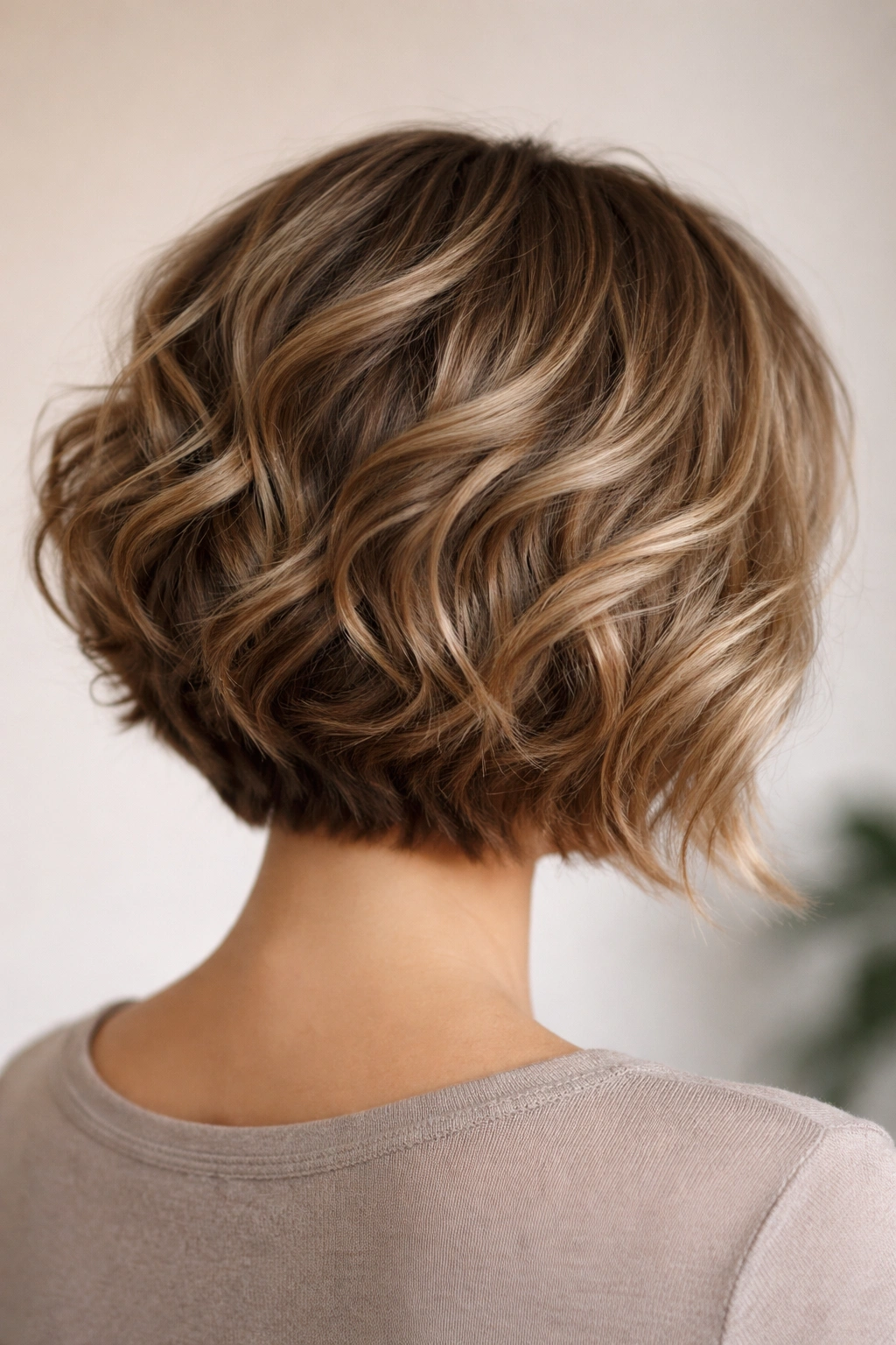Back view of stacked wavy bob showing crown layering and wedge shape