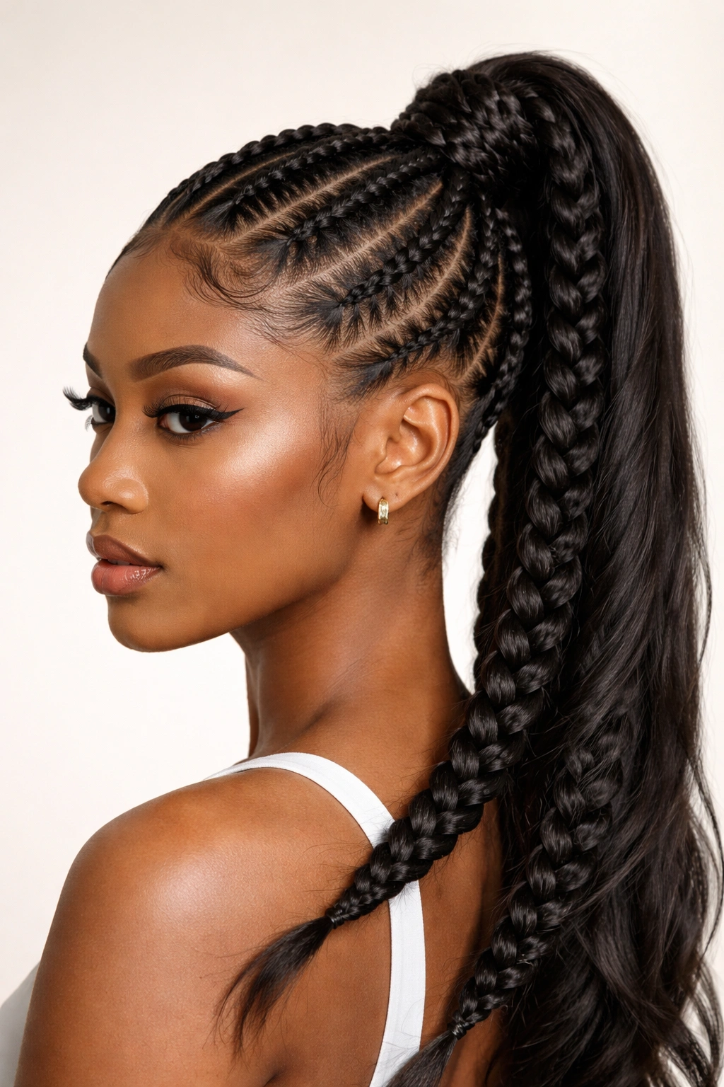 Front-left view showing layered staggered braids feeding into a ponytail