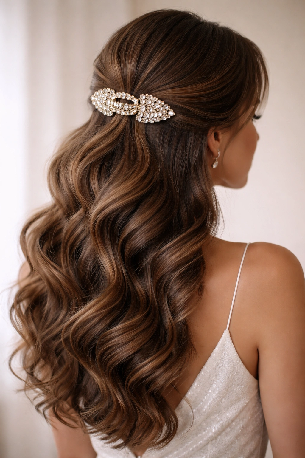 Head-and-shoulders view with a large hair clip as focal point among waves