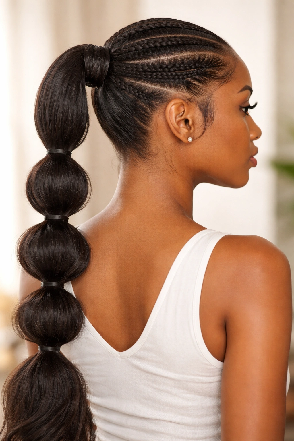 Stitch braids framing sides with a bubble ponytail showing segmented sections