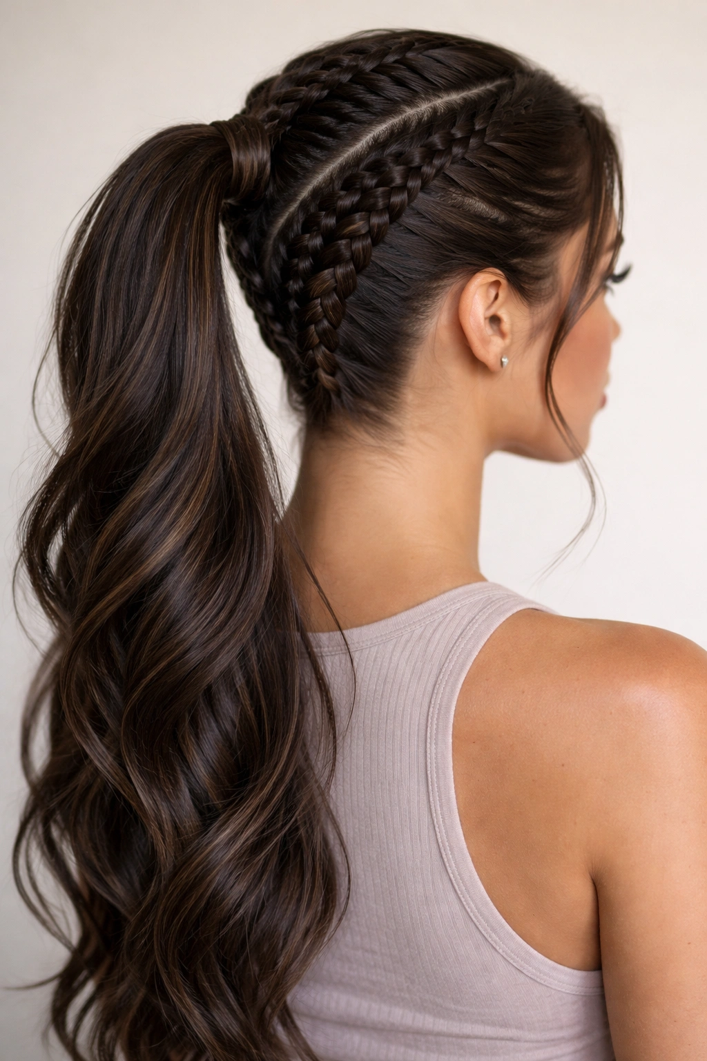 Stitch braid and Dutch braid meeting at a neat ponytail base