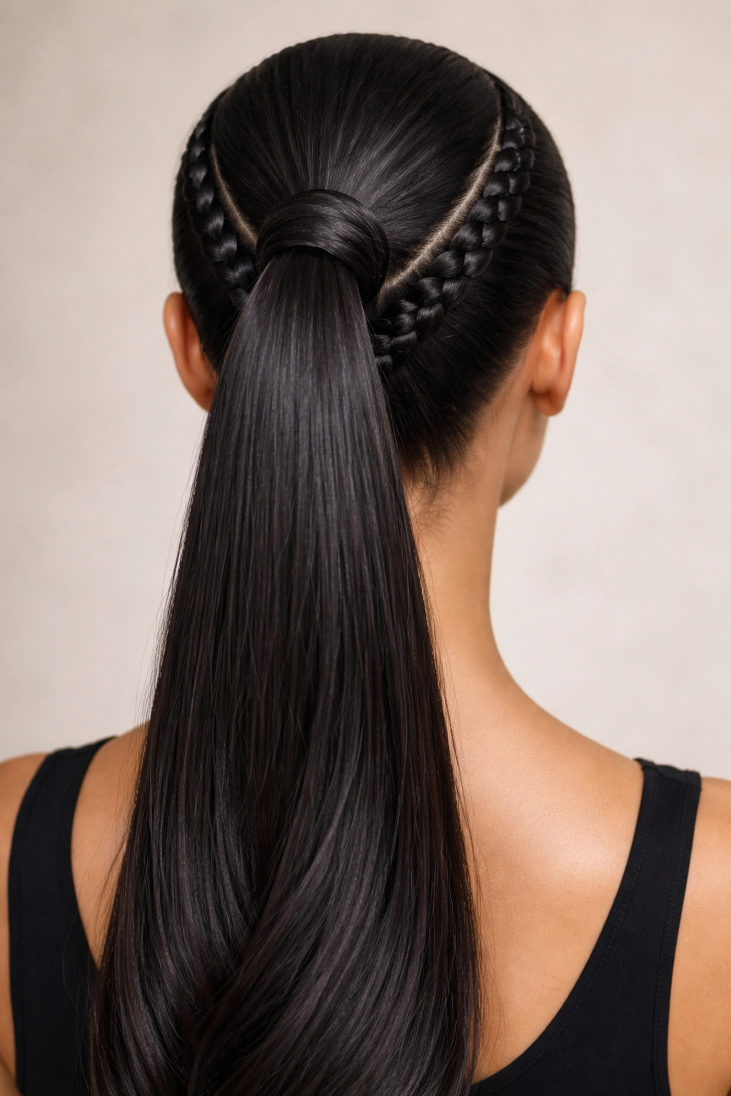 Close-up of two stitch braids framing a centered ponytail with wrapped bases
