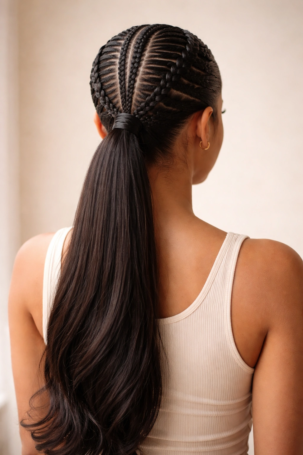 Back view of a polished stitch braid ponytail with a neat center braid