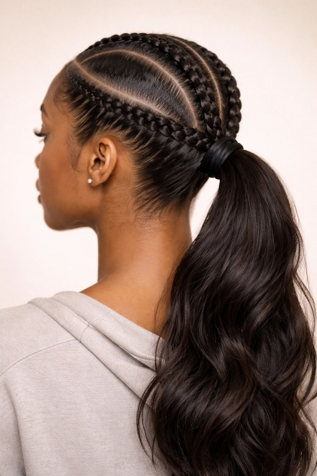Stitch Braid Halo Ponytail with halo braids encircling the crown and ponytail at the back