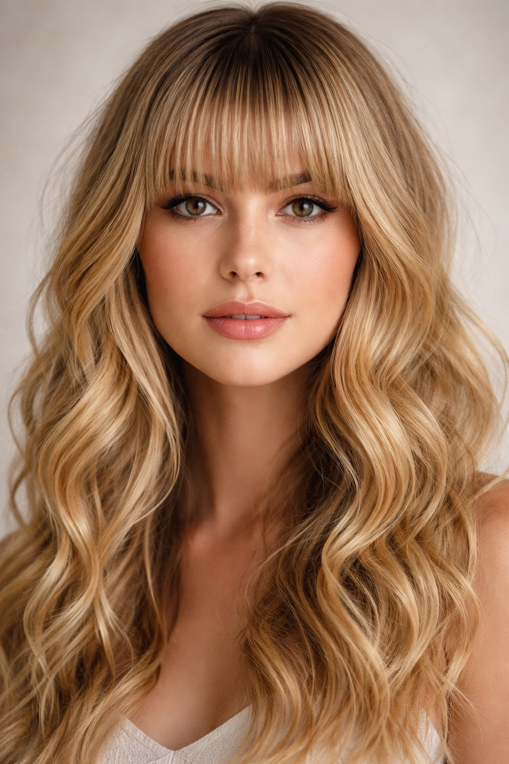 Blonde straight across bangs with textured ends over wavy hair