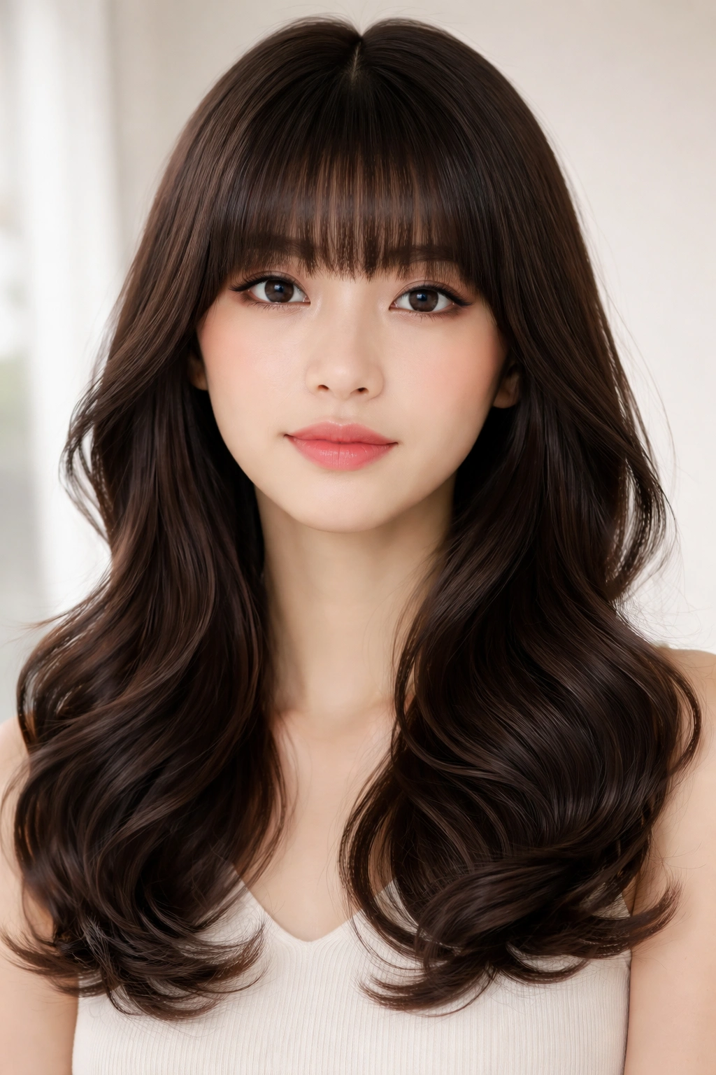 Front view of straight-across bangs with undercurl waves.