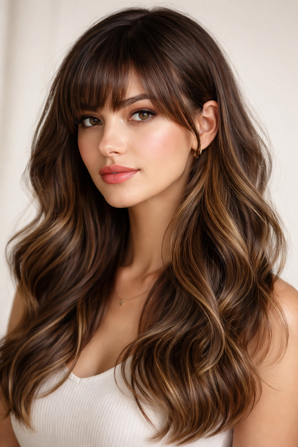 Blunt straight-across bangs with contrasting waves behind
