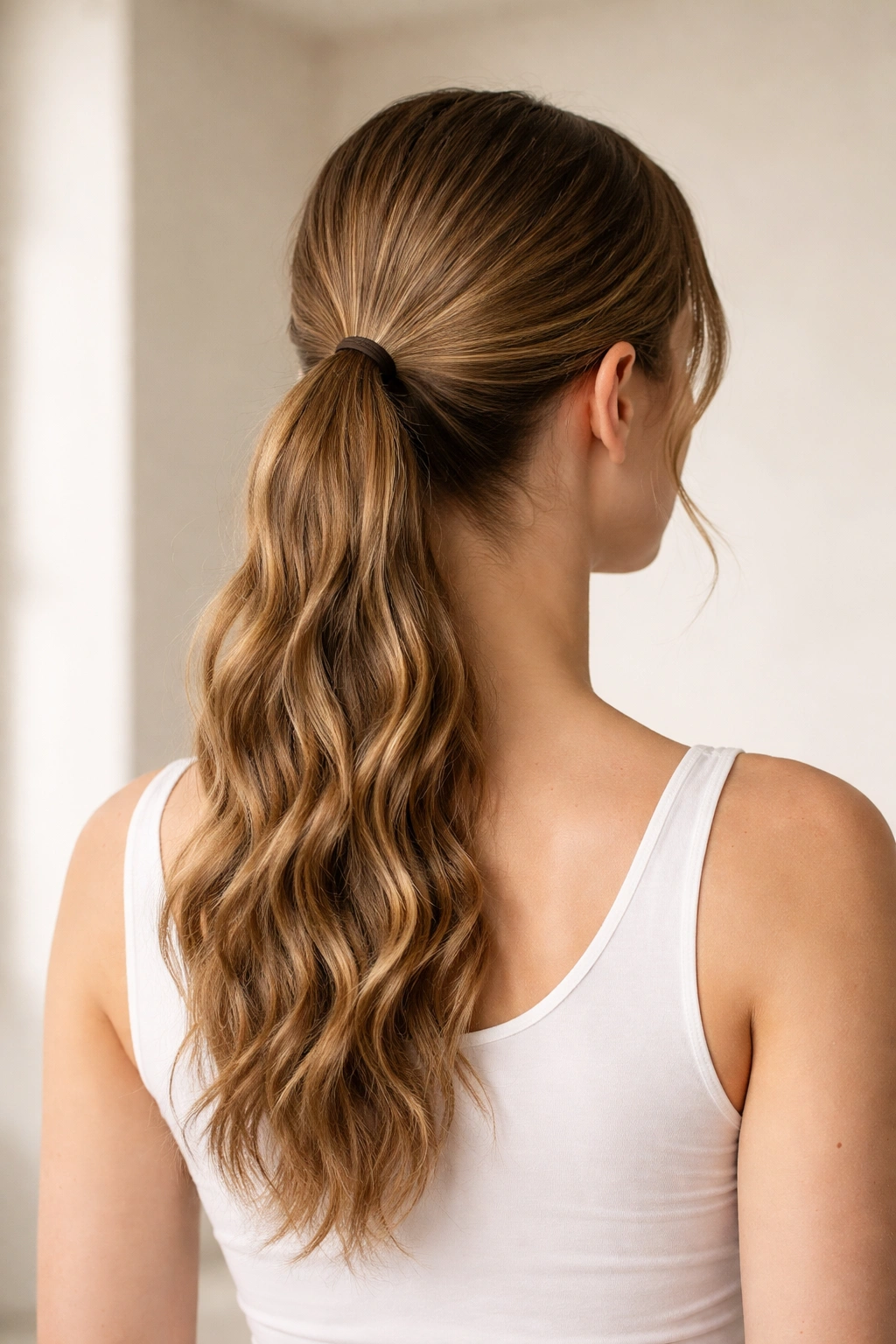 Back-three-quarter view of a horizontal ponytail across the back of the head with waves