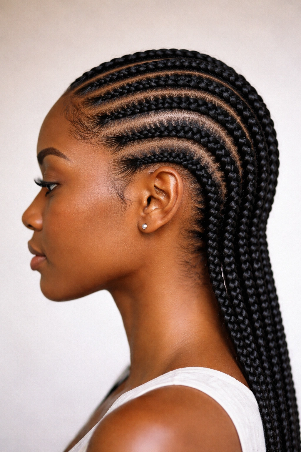 Close-up of straight-back cornrows running horizontally from hairline to nape