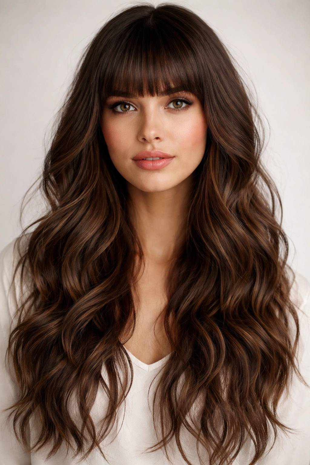 Blunt straight bangs with wavy hair length in studio portrait