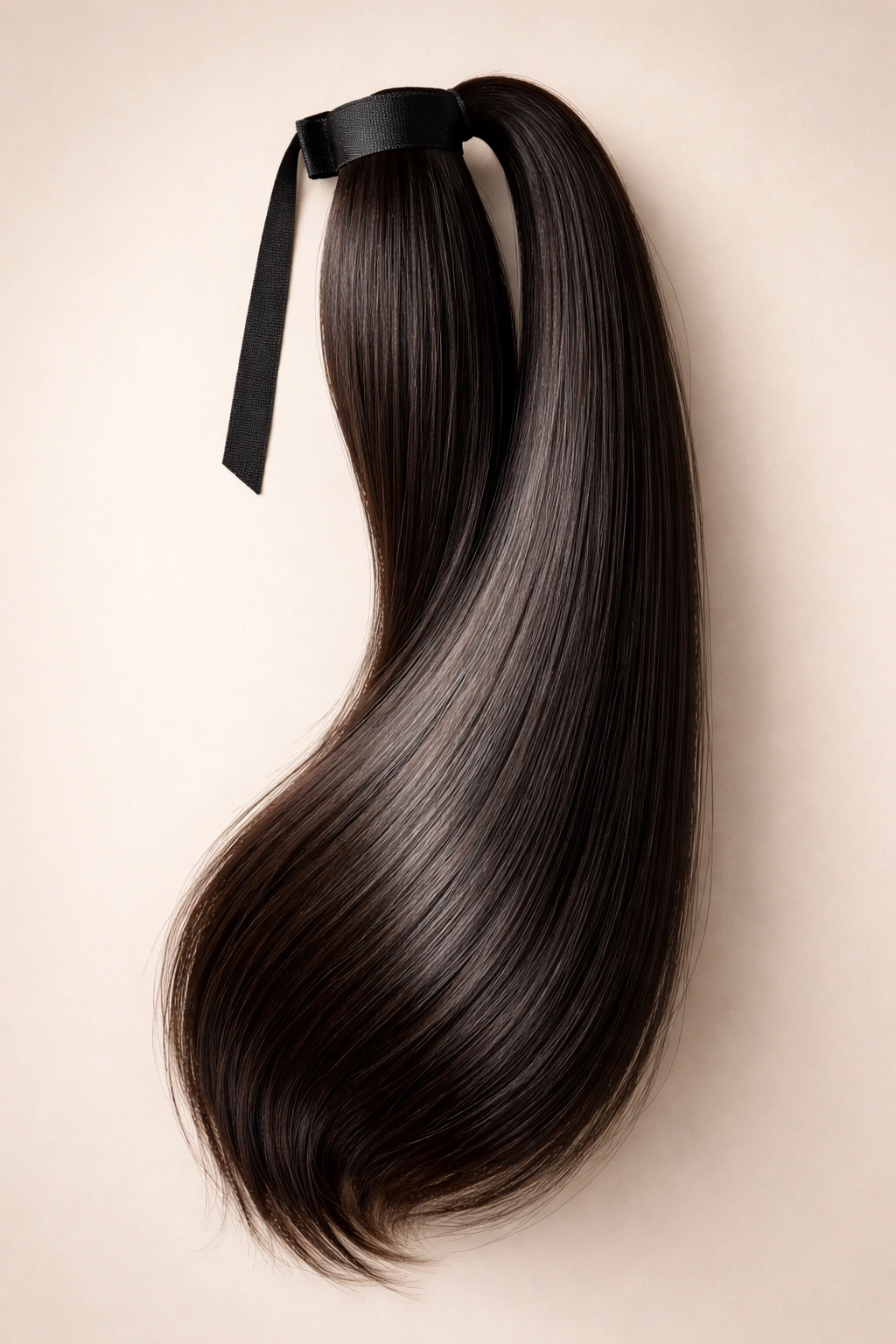 Straight human hair ponytail with 150+ grams density on a neutral background