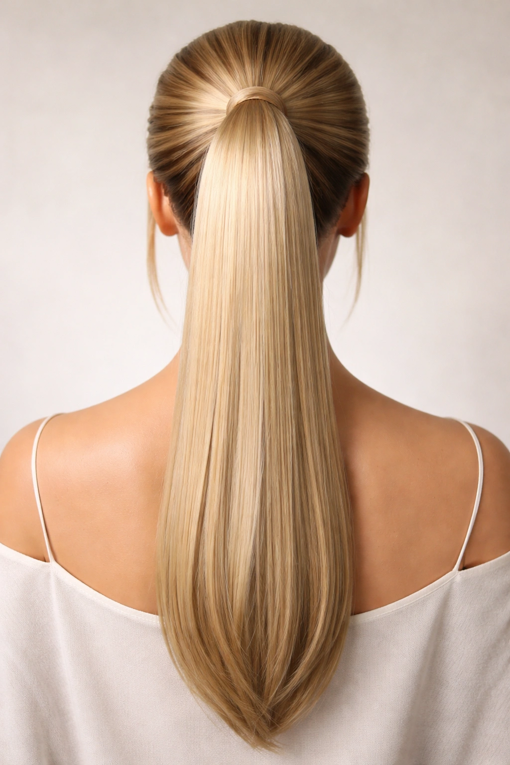 Straight silk-look faux ponytail with high shine on mannequin head