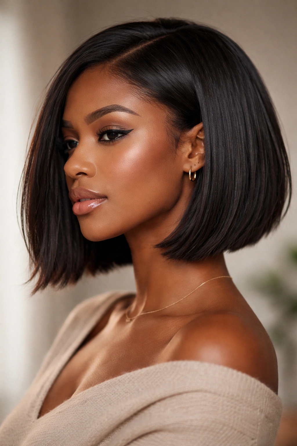 Close-up side profile of a chin-length straightened bob with textured ends in a studio