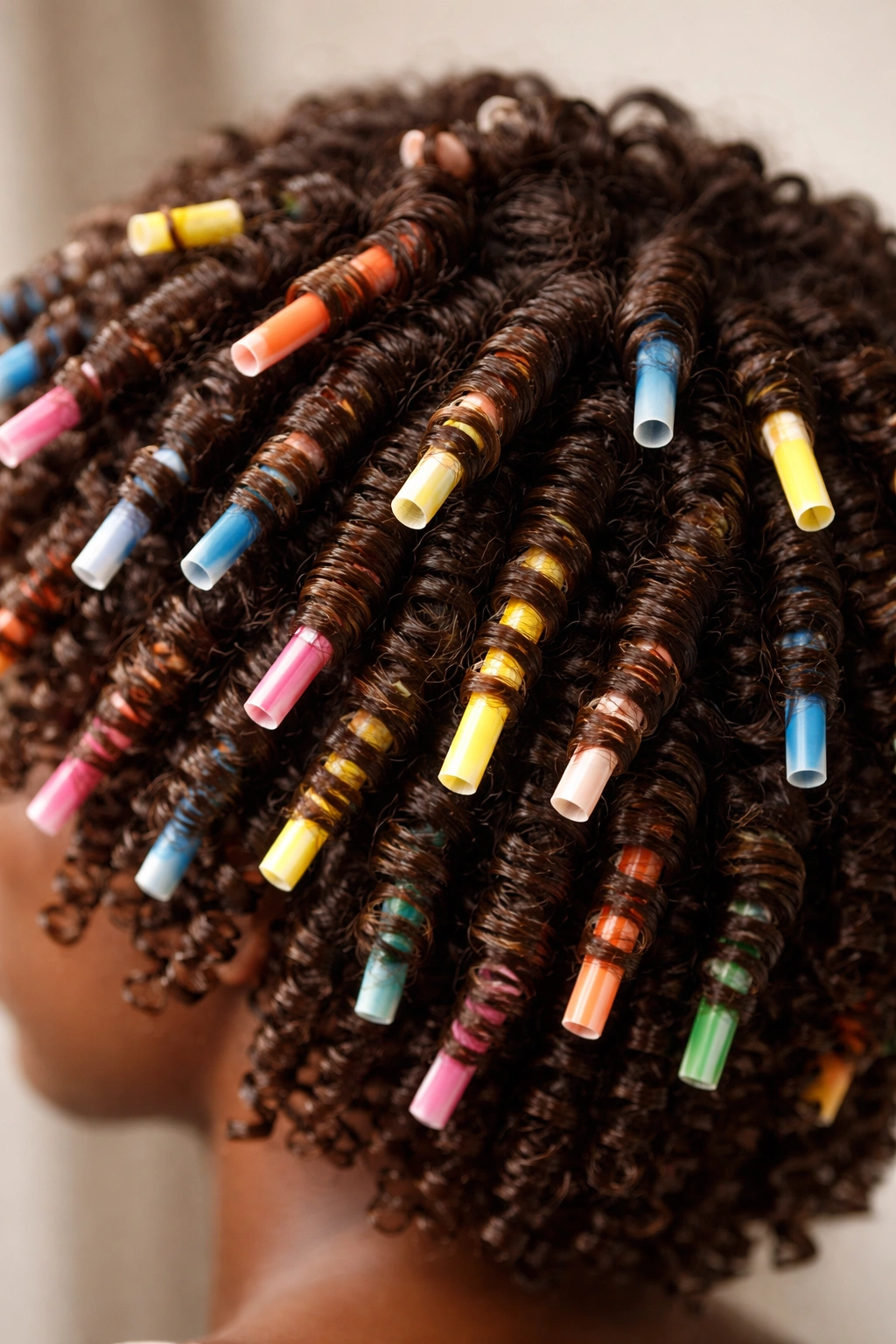 Close-up of spiral curls created by straw set method with visible straws
