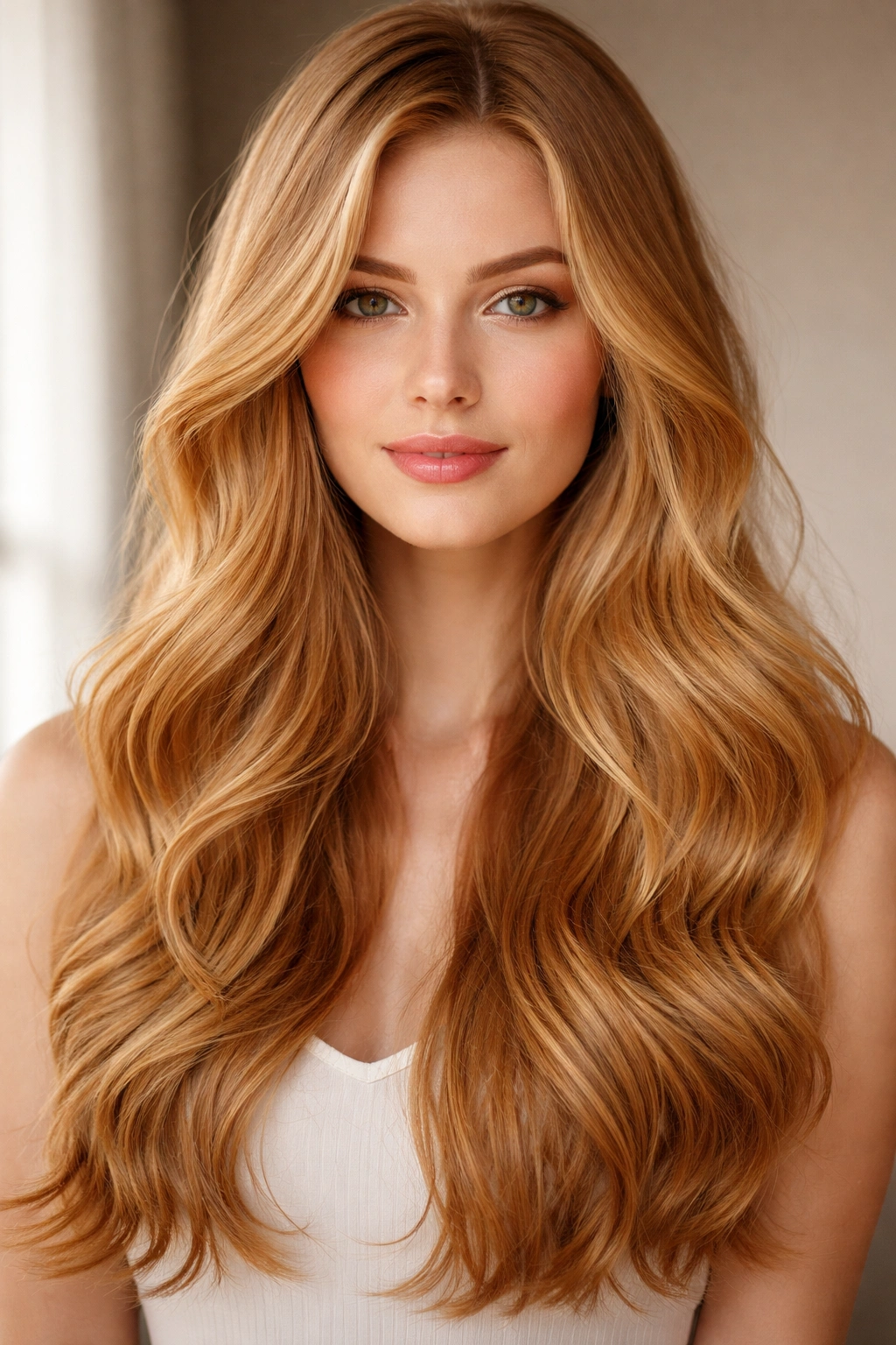 Strawberry blonde hair with minimal layers and waves