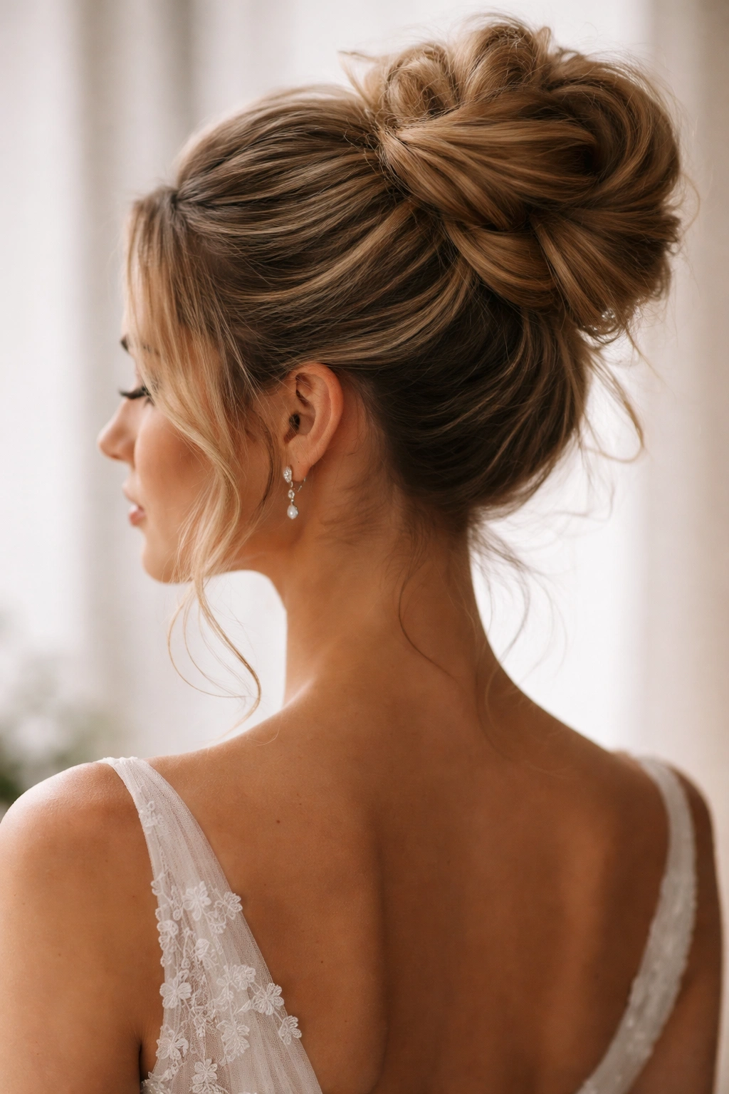 Structured high bun showing visible twists and texture