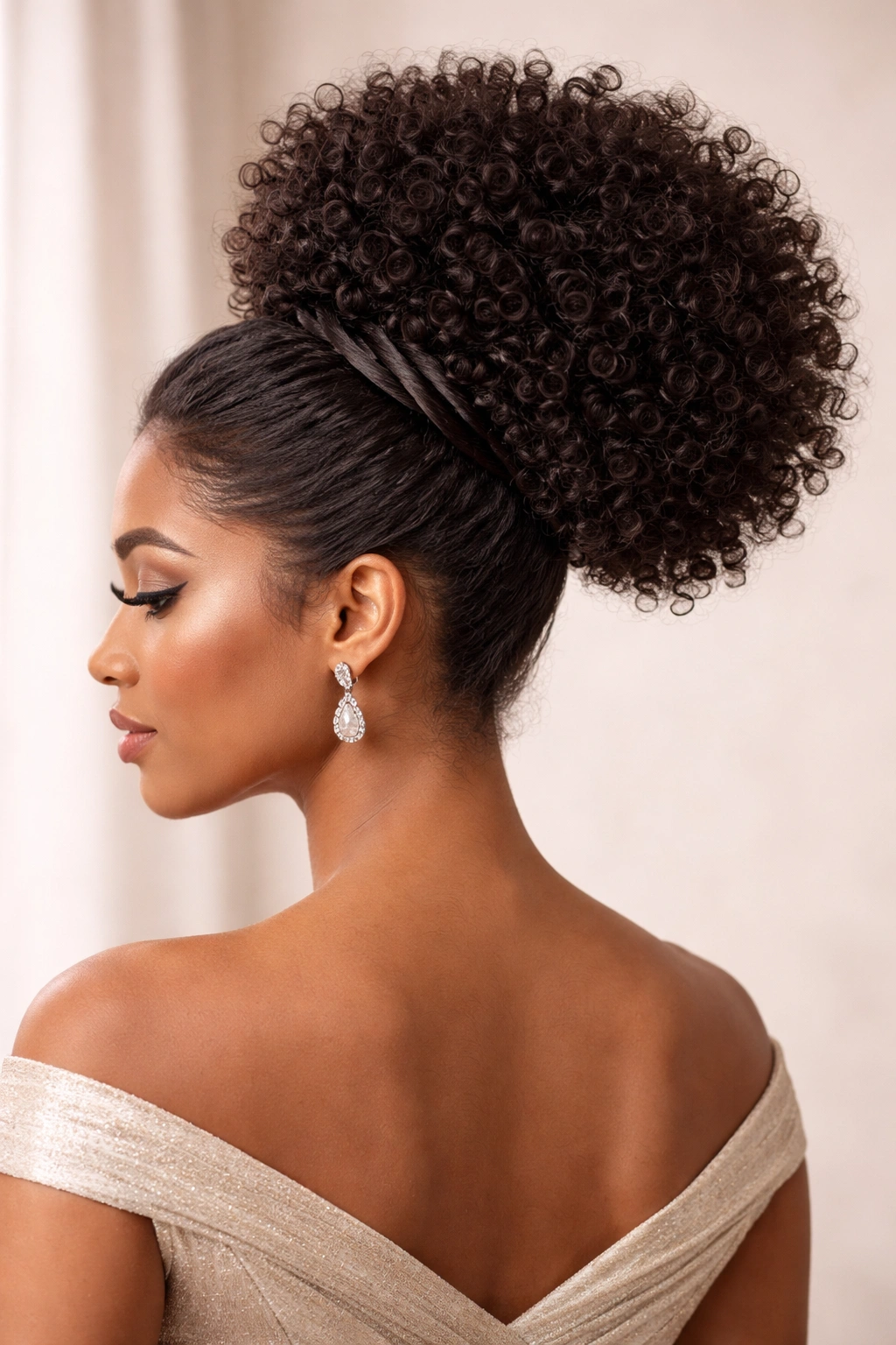 Close-up of a formal crown puff on natural curls with wrapped crown detail.