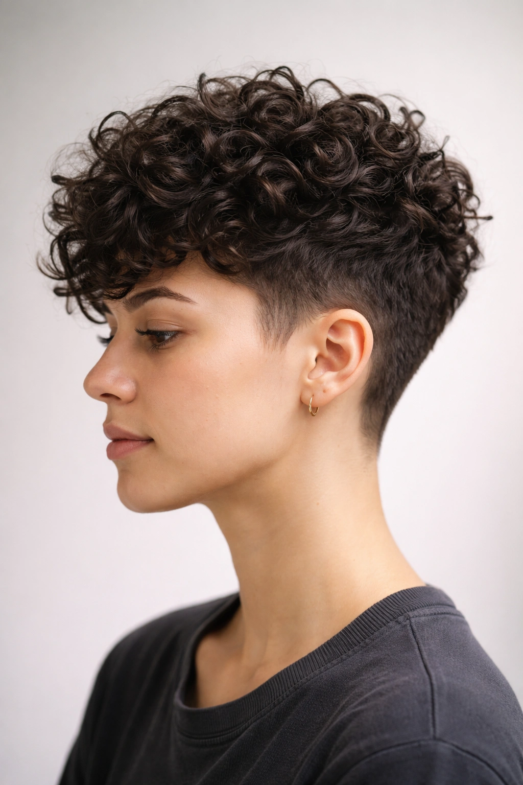 Side profile of a short curly haircut with a defined taper and textured curls.