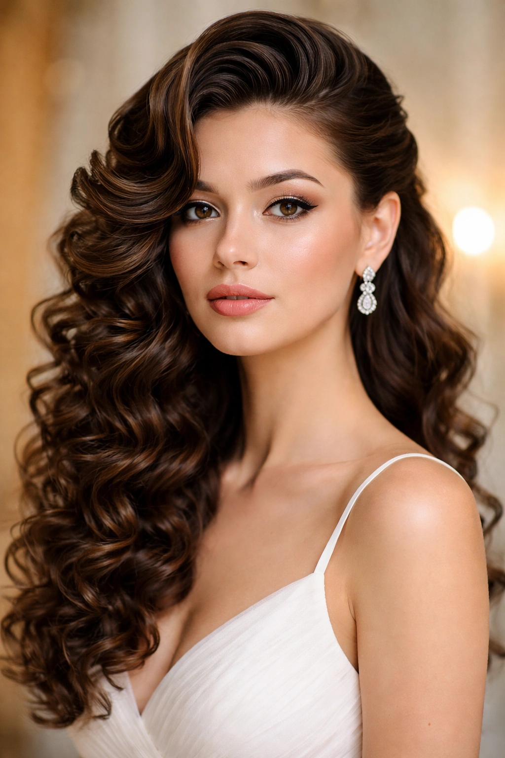 Curls sculpted into wave pattern pinned to one side