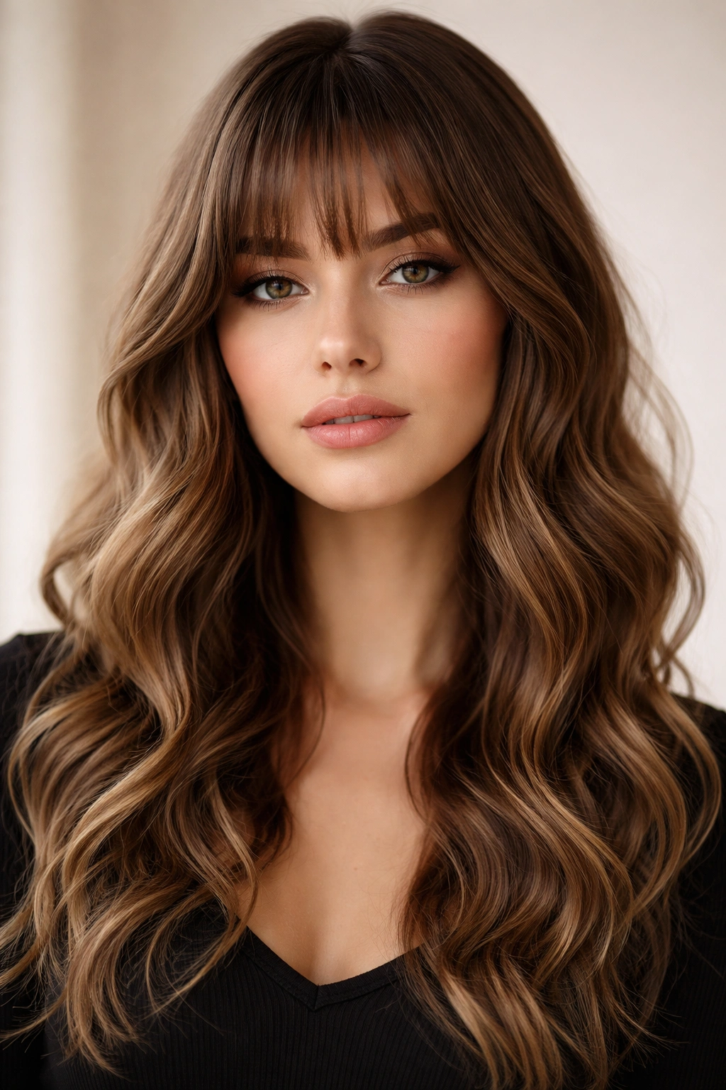 Portrait of a model with styled bangs and defined waves on an oval face