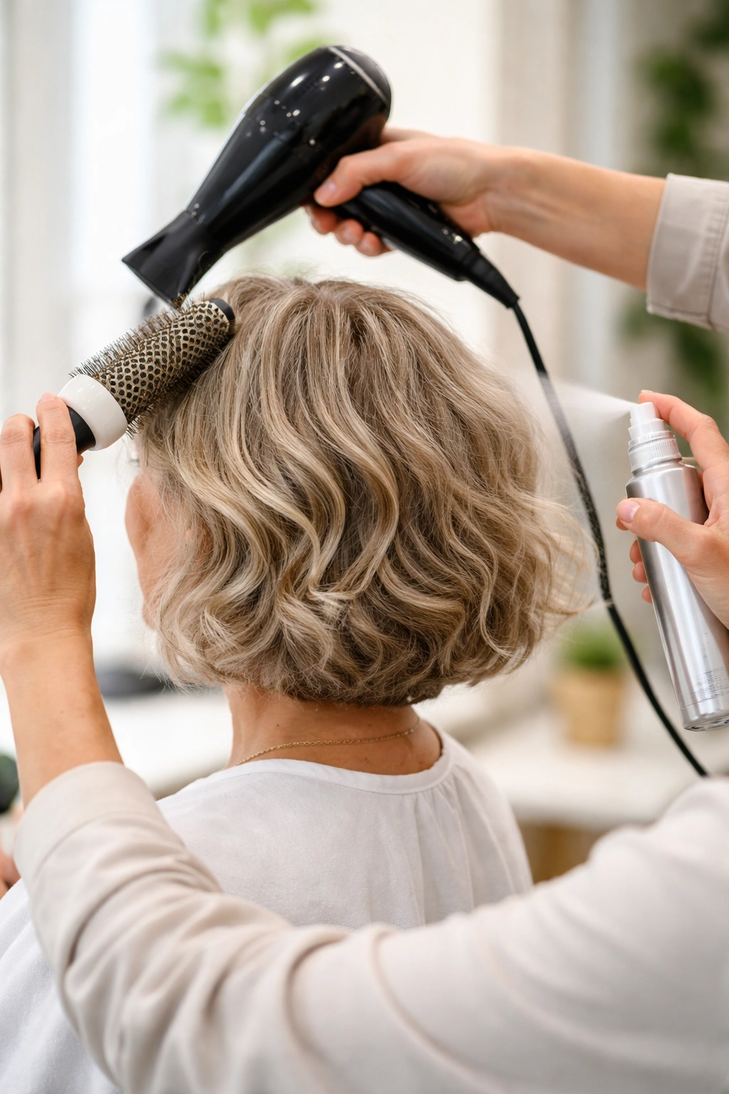Close-up of hands styling a wavy bob with a round brush and product to create texture.