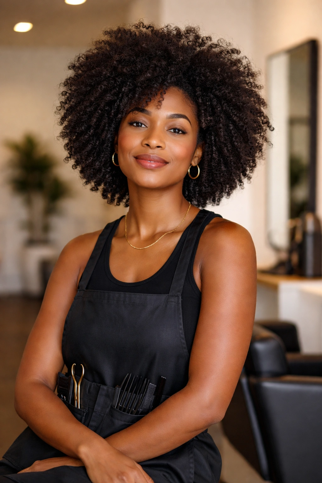 Portrait of a confident hairstylist in a modern salon looking at the camera.
