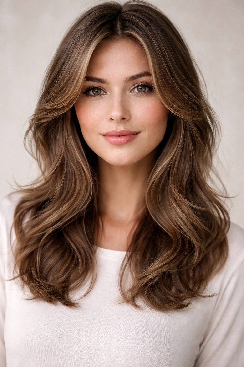 Subtle butterfly cut with soft face-framing layers on medium-length waves