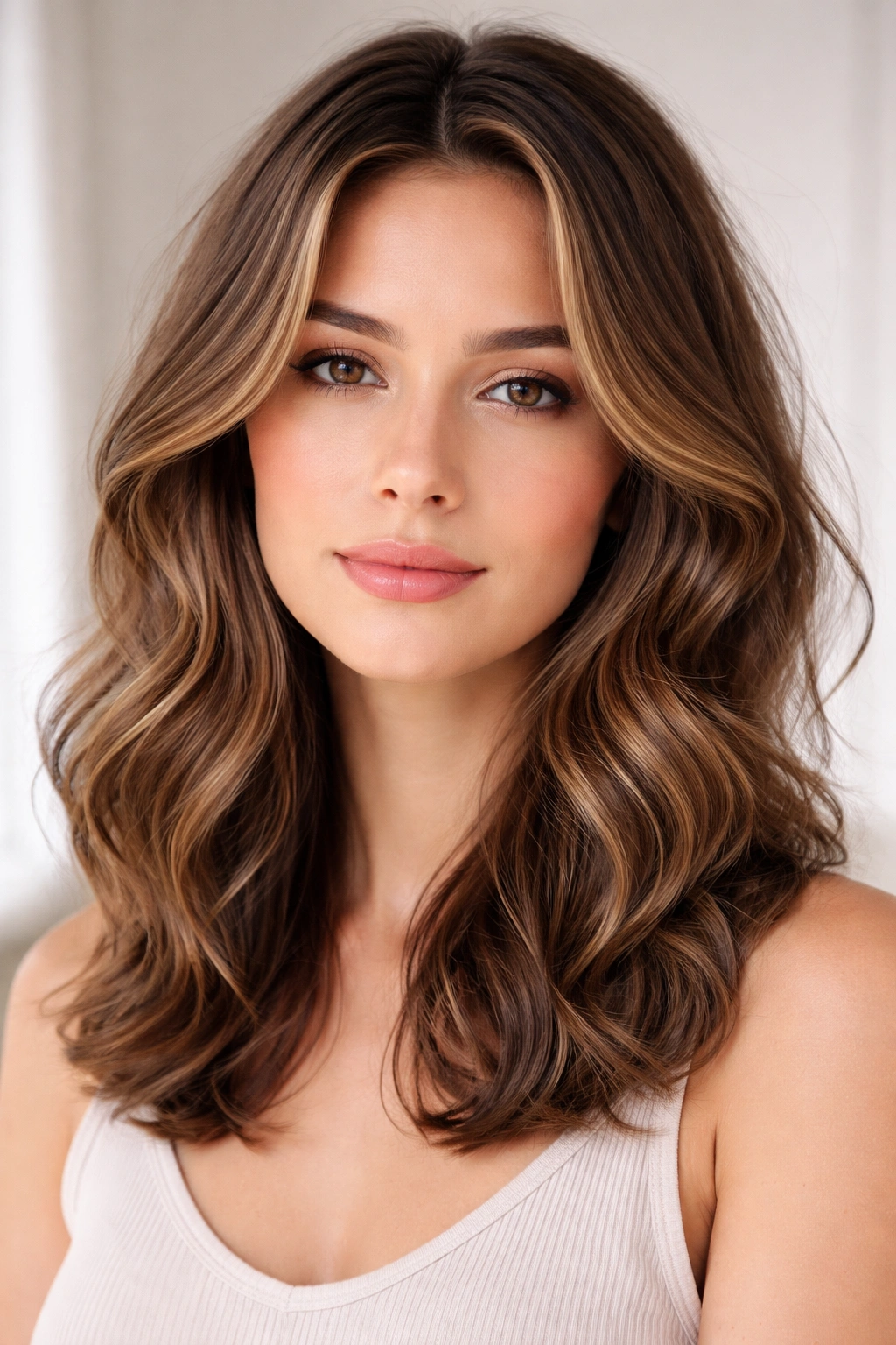 Subtle layers barely visible, letting waves take center stage in shoulder-length hair.