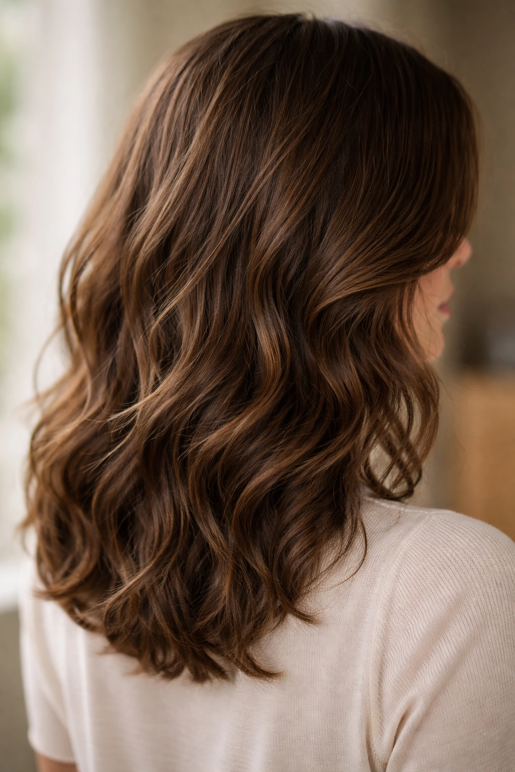 Subtle textured waves in brown hair with natural movement