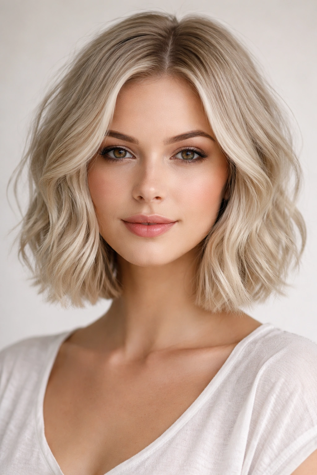 Subtle tousled blonde bob with soft waves in ash blonde tone