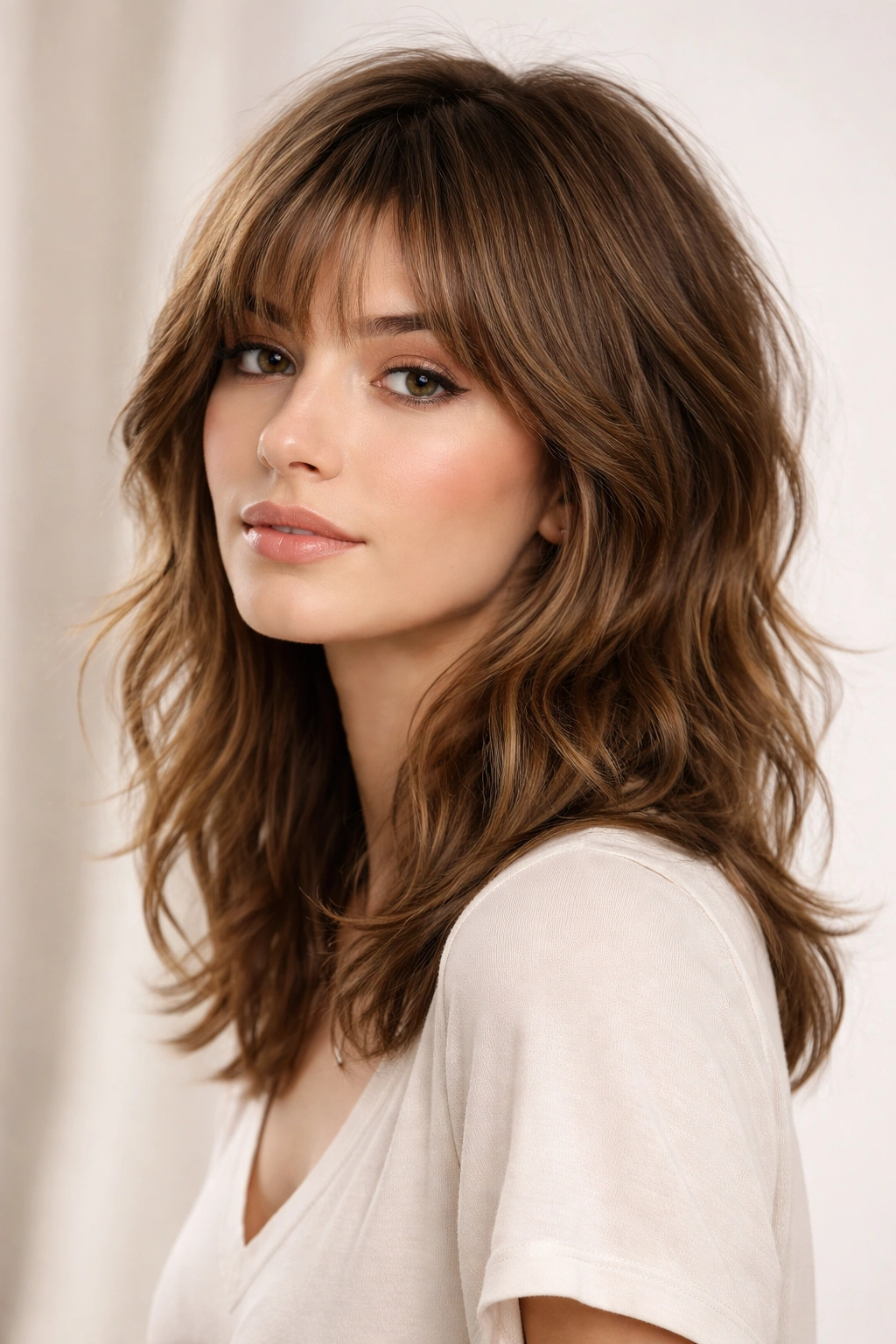 Portrait of a person with subtle wolf cut showing gentle crown texture.