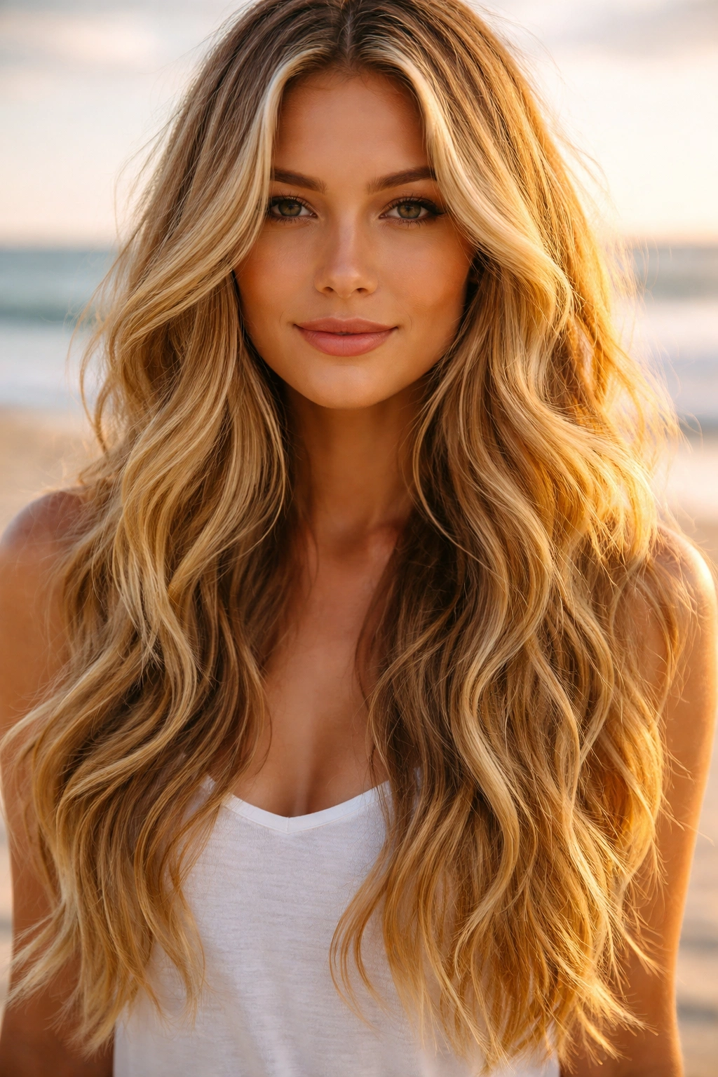 Close-up of sunkissed blonde hair with soft beach waves and sunlit highlights