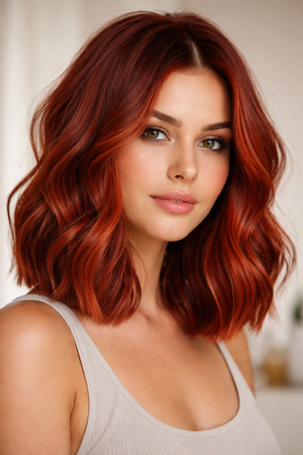 Sunset red wavy lob with blunt ends