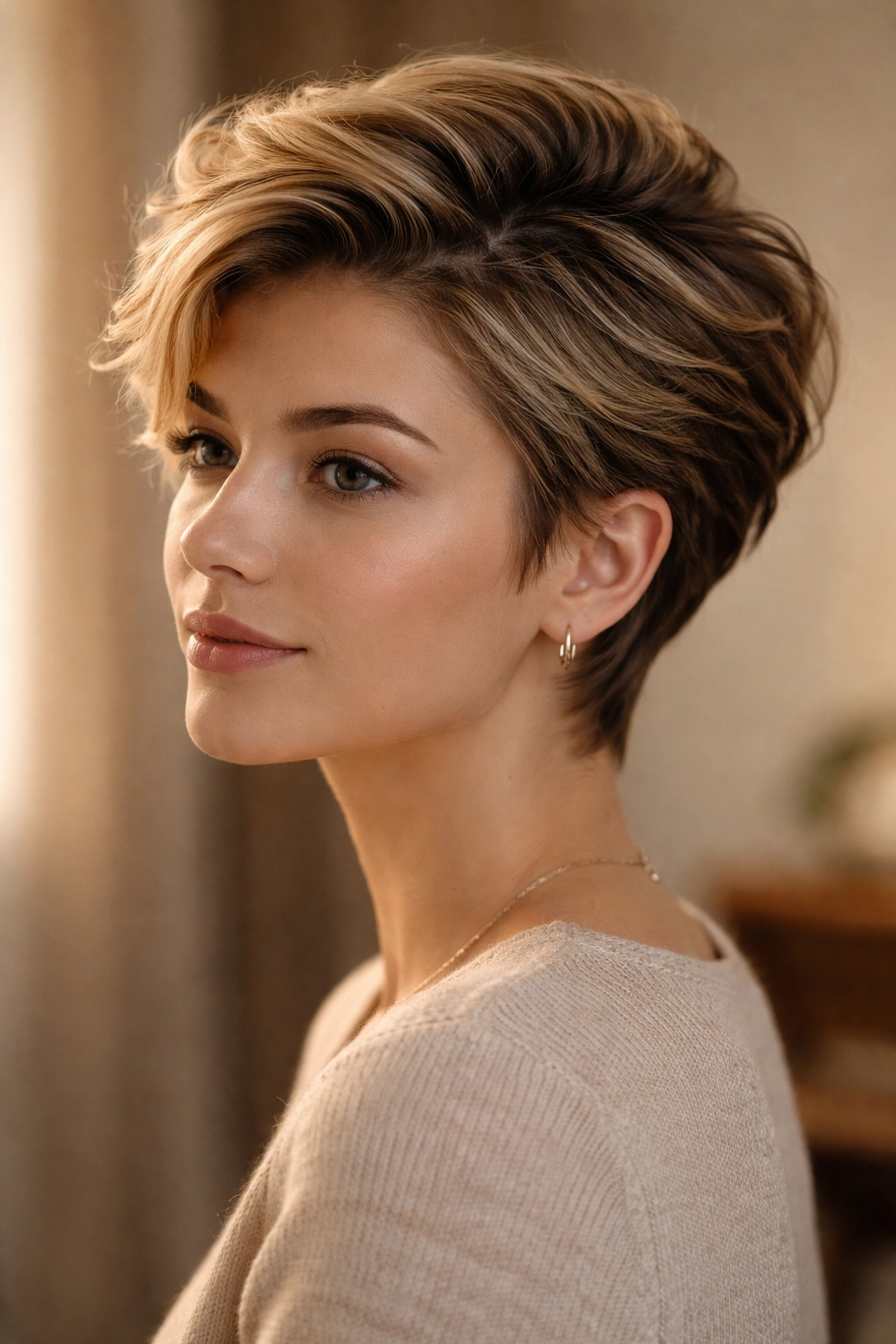 Swept-back pixie with longer crown and soft waves
