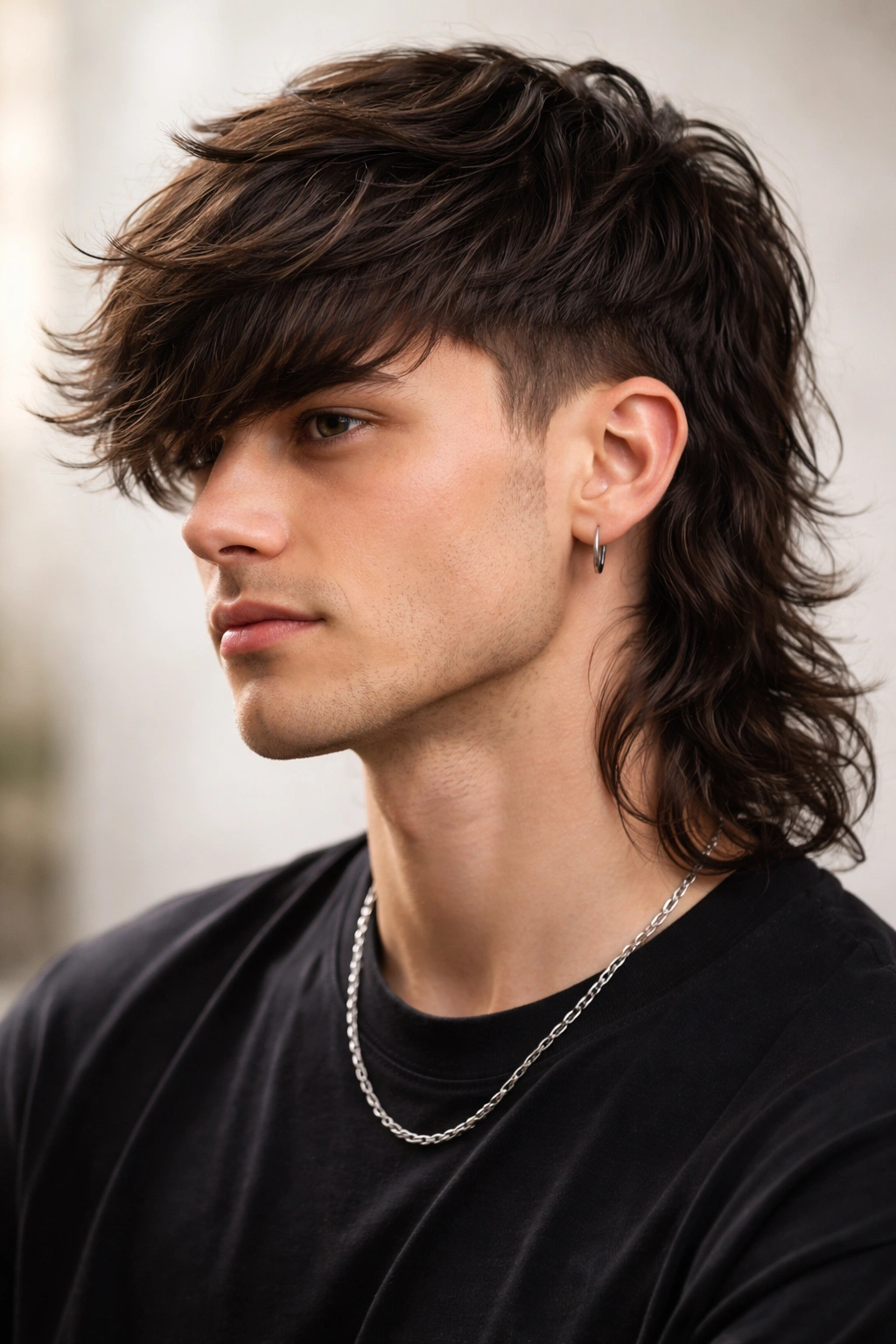 Portrait with swept fringe mullet, fringe sweeping the forehead and long back