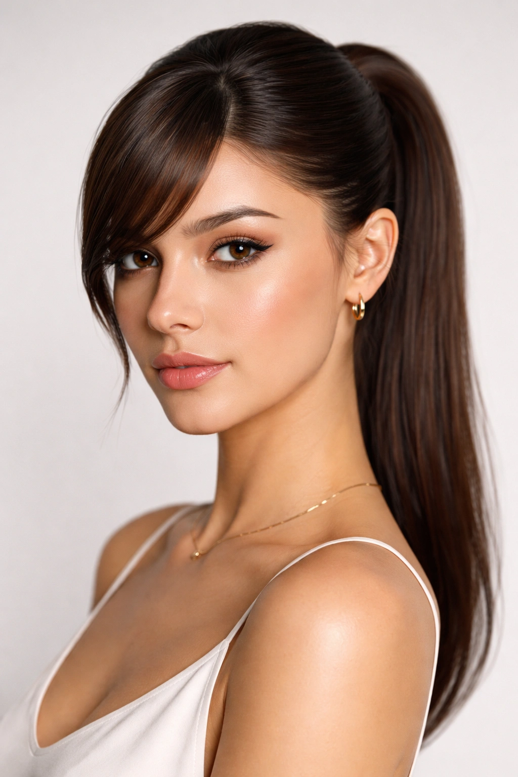 Model with swept-side bangs and sleek center-part pony, studio lighting