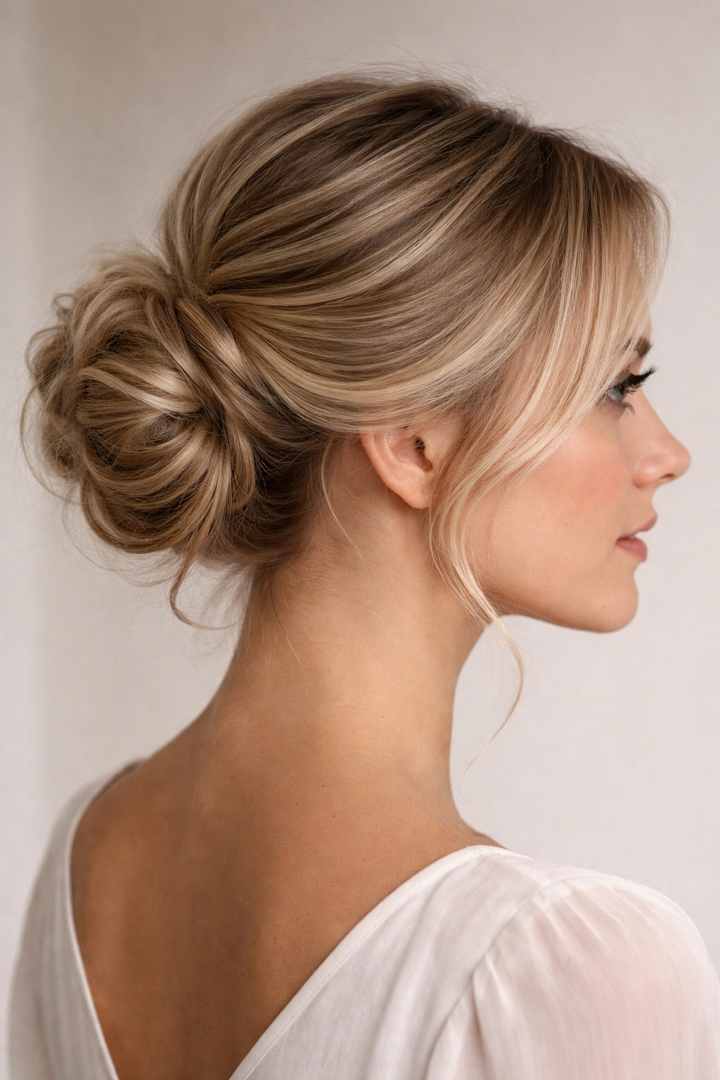 Side view of swooped hair forming a bun behind the ear