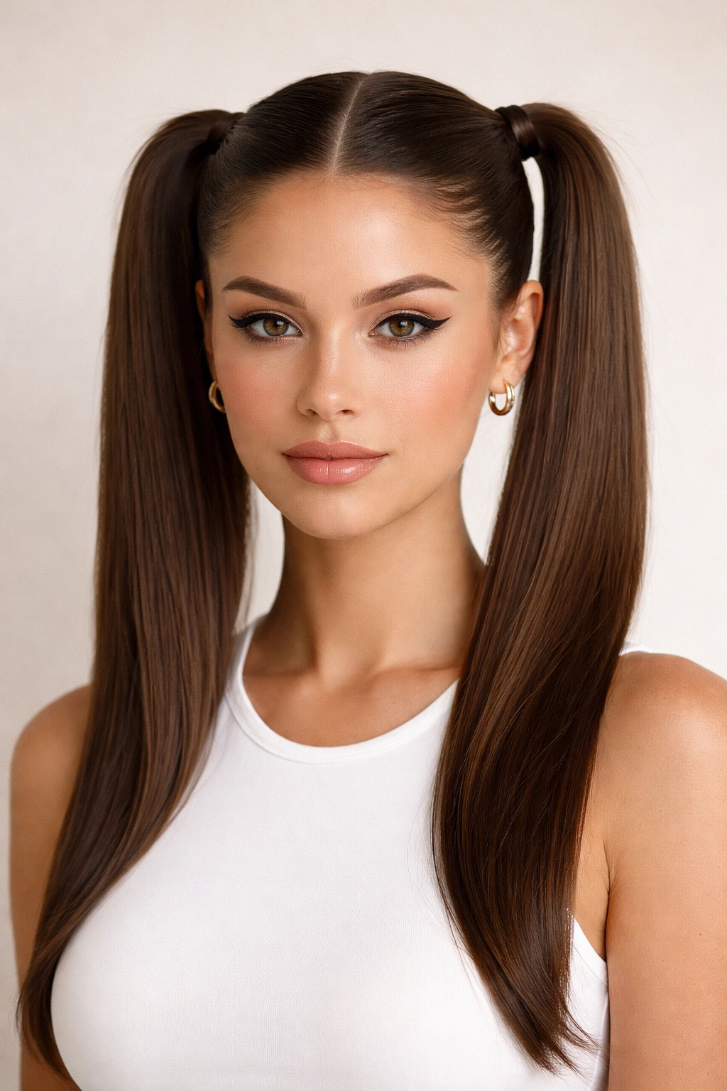 Symmetrical double ponytails at ear height, polished and balanced