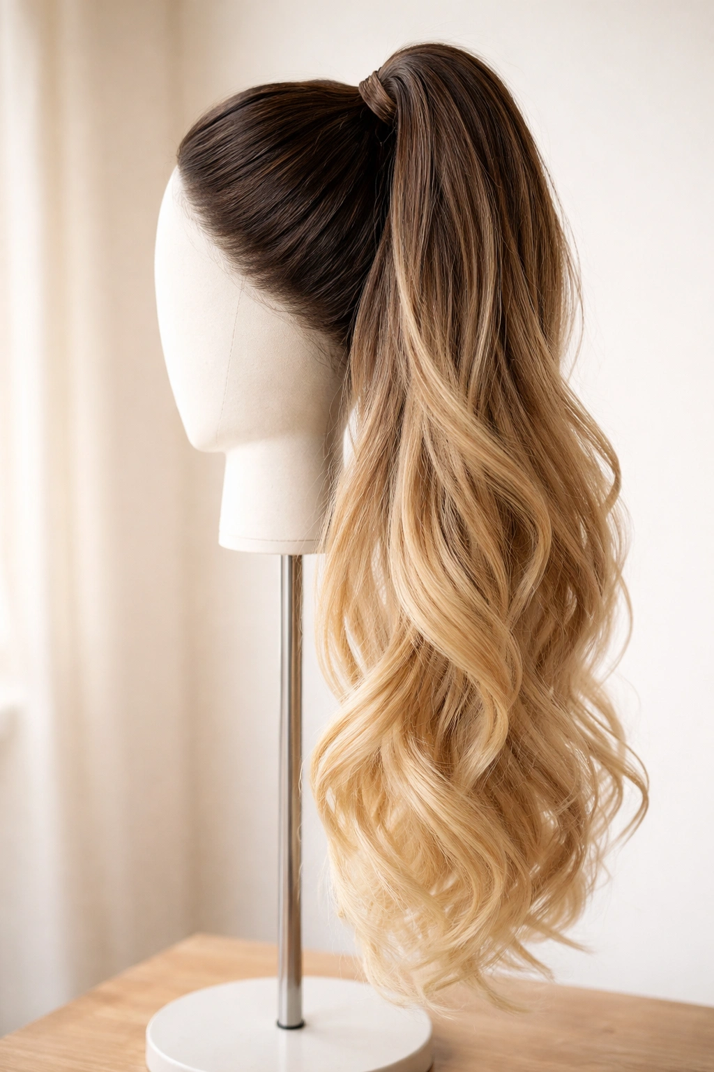 Synthetic balayage ponytail with dark roots and lighter ends showing dimensional fullness