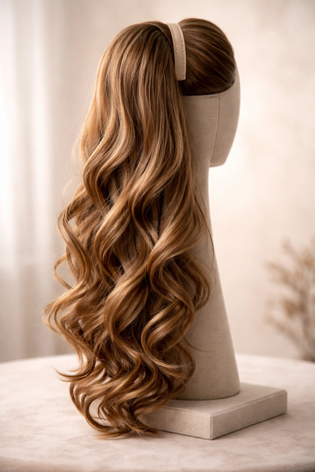 Single synthetic ponytail extension with curled texture on neutral backdrop