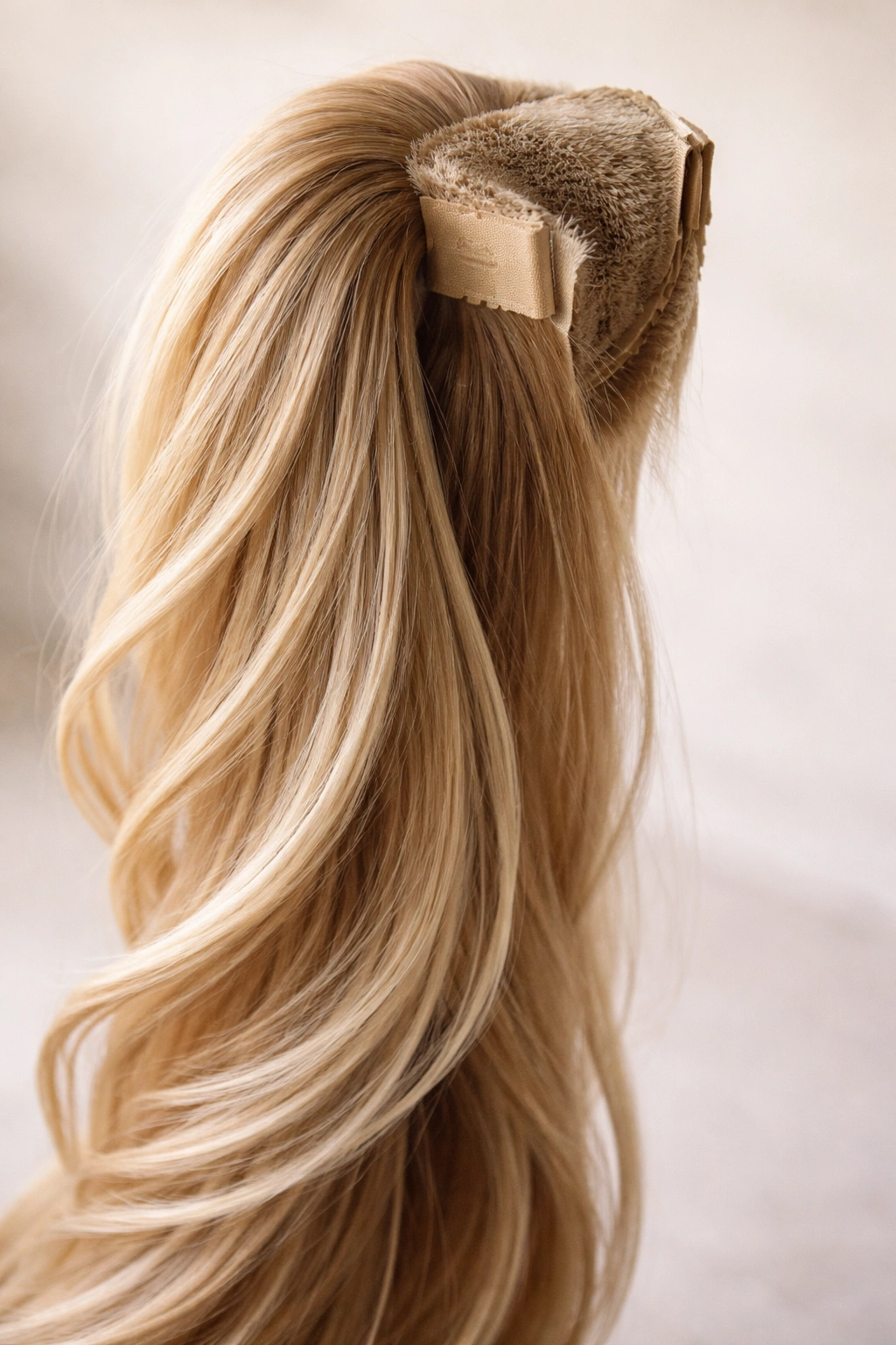 Close-up of a dense synthetic ponytail extension with a teased base on a neutral background