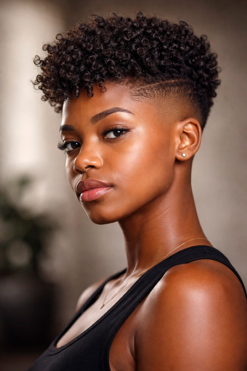 Portrait showcasing a taper fade with longer curls on top for bold contrast