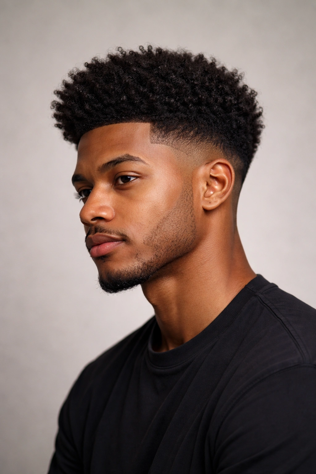 Close-up portrait of a person with taper fade and Afro top.