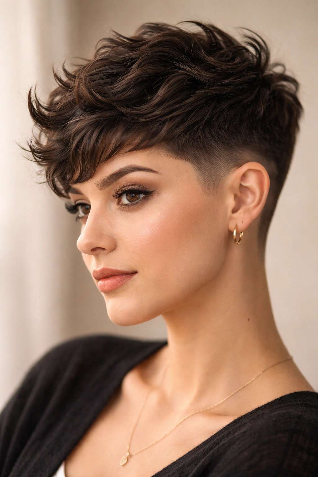 Taper fade pixie with textured top showing fade and texture