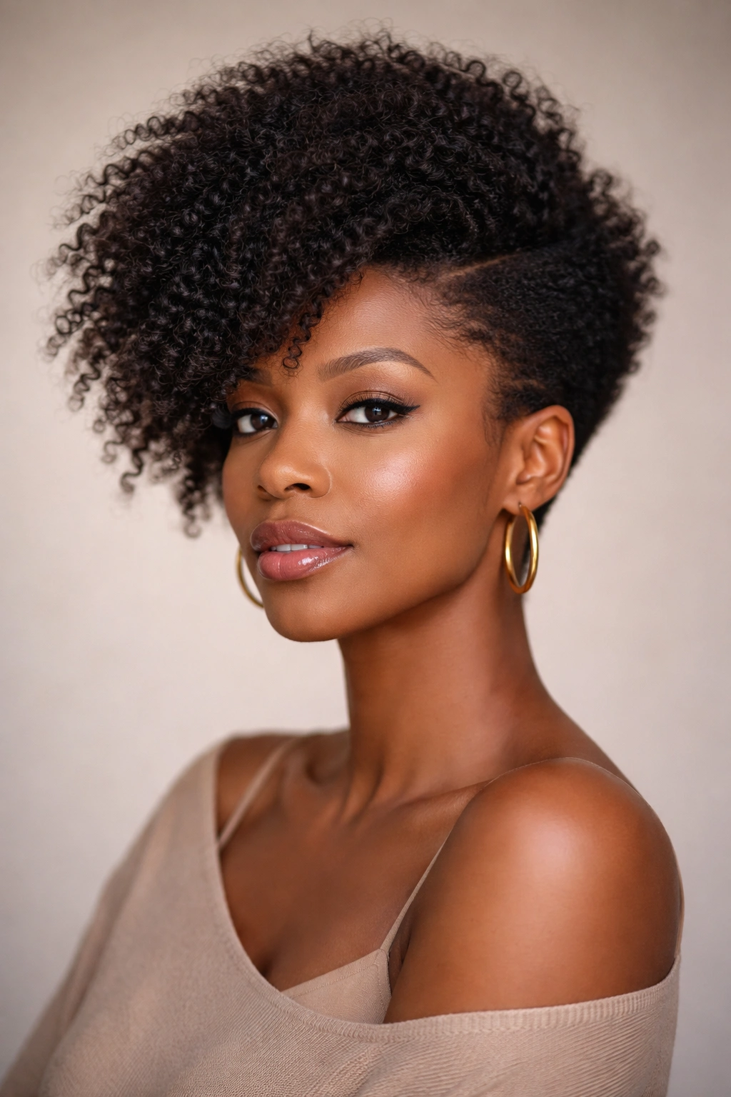 Close-up portrait of a Black woman with a tapered Afro and sideswept crown